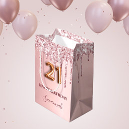 21st birthday blush pink glitter drips monogram medium gift bag