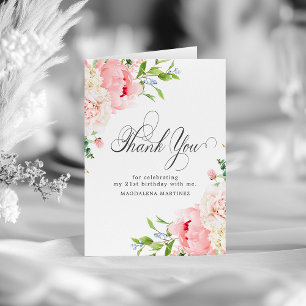 21st Birthday Blush Pink Peony Floral Folded Letterpress Thank You Card