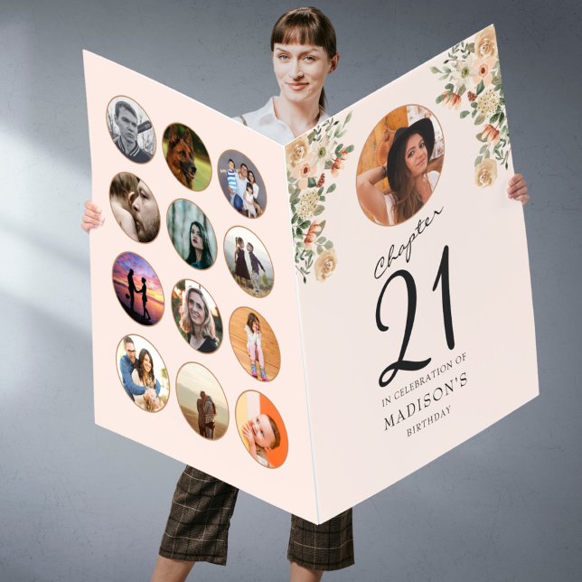 21st Birthday Blush Pink Photo Collage Huge Card (Custom huge 21st birthday card with photo collage held by a woman in front of a grey wall.)