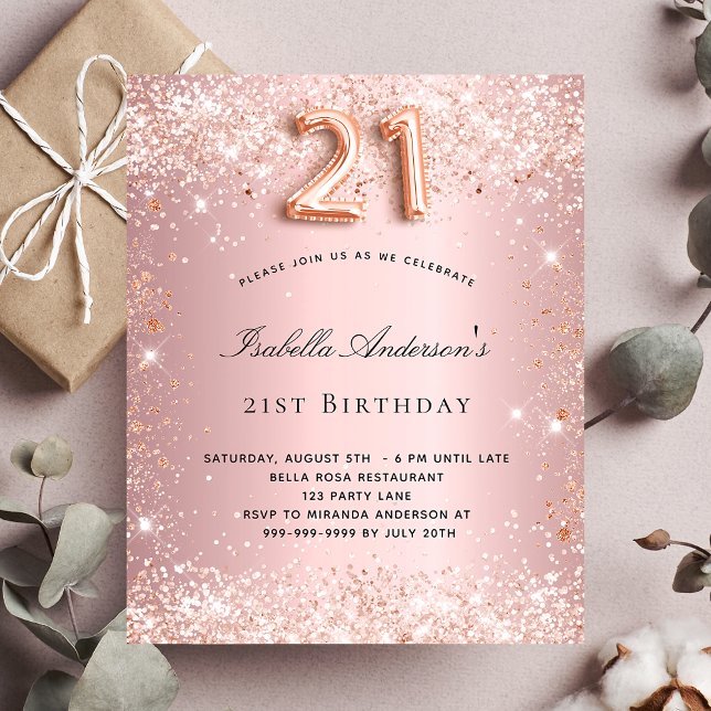 21st birthday blush pink rose budget invitation flyer (Creator Uploaded)