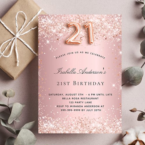 21st birthday blush pink rose gold glamorous invitation
