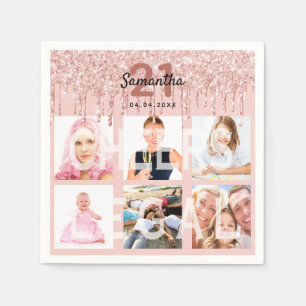 21st birthday blush pink rose gold glitter photo napkins