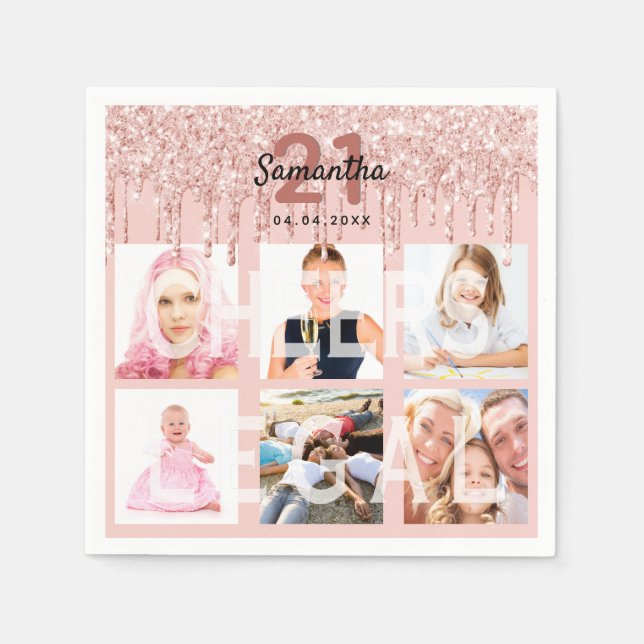 21st birthday blush pink rose gold glitter photo napkins (Front)
