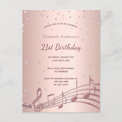 21st birthday blush rose diamonds music invitation postcard