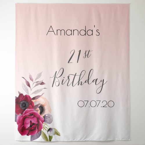 21st birthday blush rose gold florals burgundy tapestry