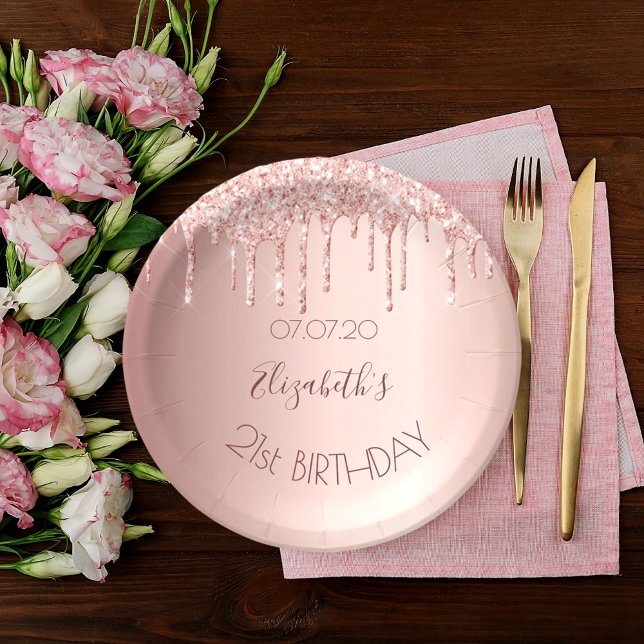 21st birthday blush rose gold glitter drips name paper plates (Creator Uploaded)