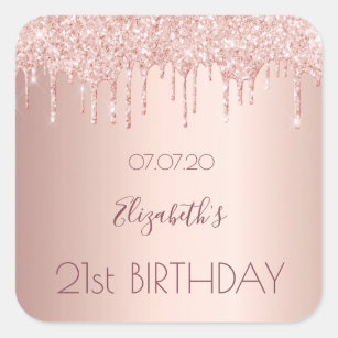 21st birthday blush rose gold glitter drips name square sticker