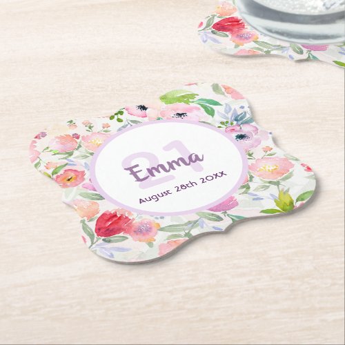 21st birthday boho pink florals monogram paper coaster