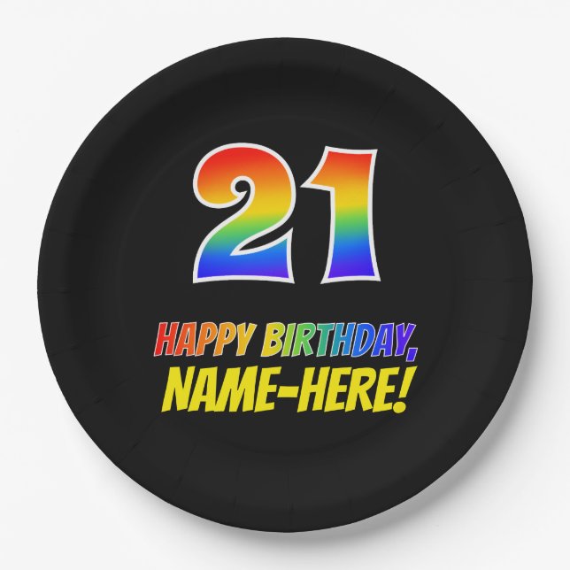 21st Birthday: Bold, Fun, Simple, Rainbow 21 Paper Plates (Front)
