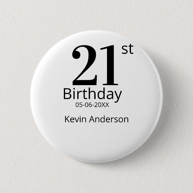 21st birthday bold letter name date simple man boy button (Front)