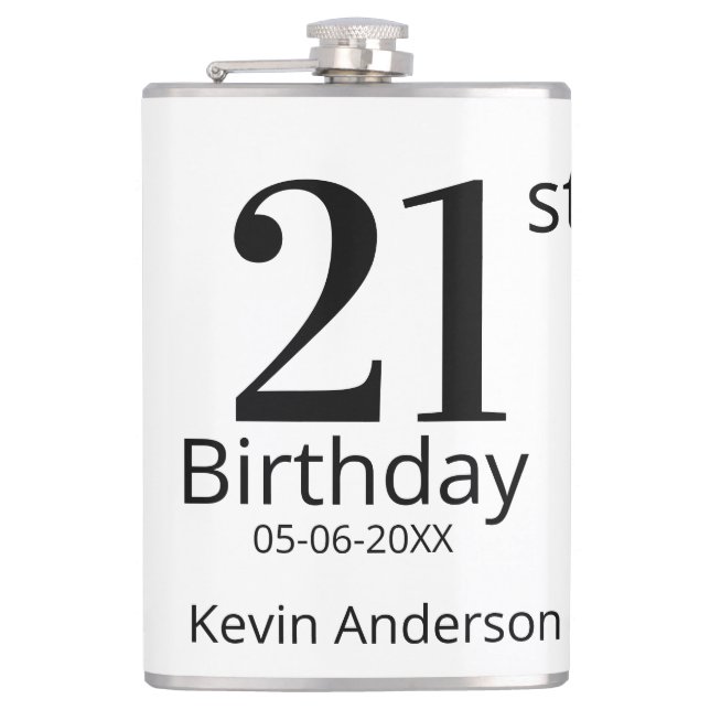 21st birthday bold letter name date simple man boy flask (Front)