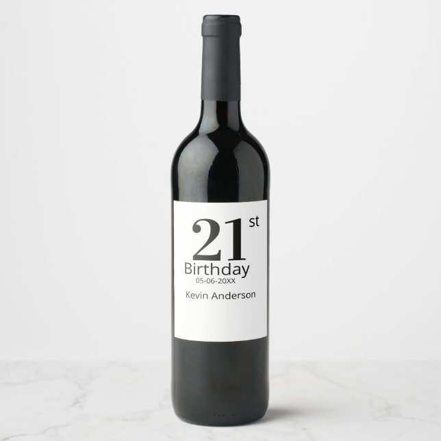 21st birthday bold letter name date simple man boy wine label (Front)