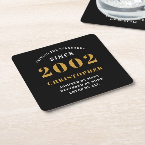 21st Birthday Born 2002 Add Name Black Gold Square Paper Coaster