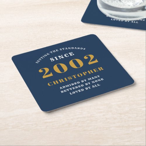 21st Birthday Born 2002 Add Name Blue Gold Square Paper Coaster