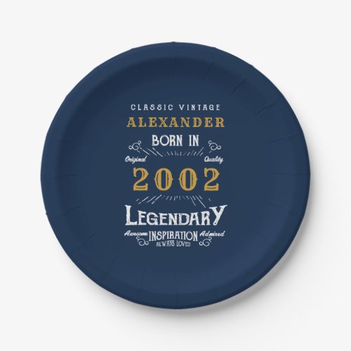 21st Birthday born 2002 Add Name Legend Blue Gold Paper Plates