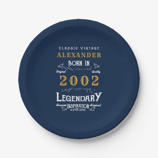 21st Birthday born 2002 Add Name Legend Blue Gold Paper Plates (Front)
