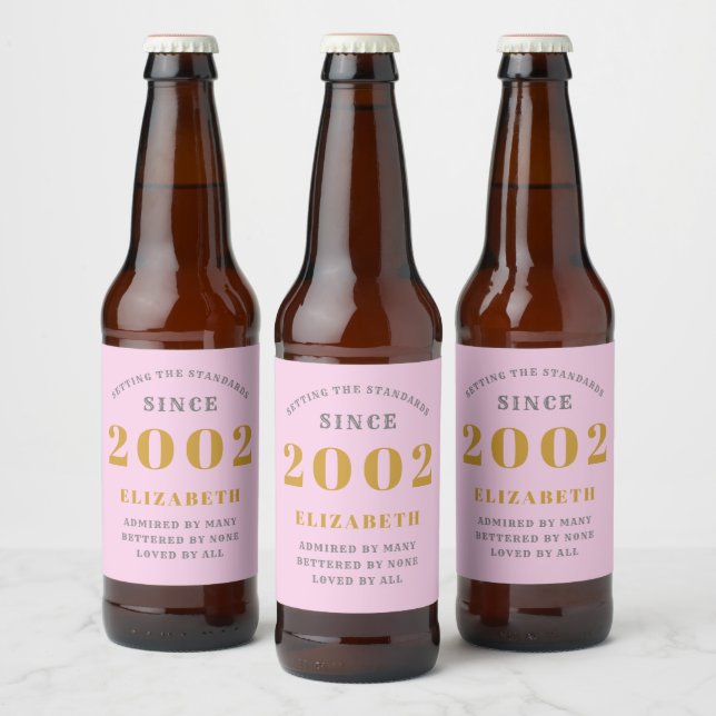 21st Birthday Born 2002 Add Name Pink Gray Beer Bottle Label (Bottles)