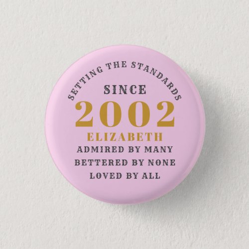 21st Birthday Born 2002 Add Name Pink Gray Button