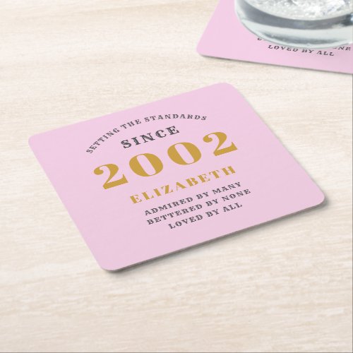21st Birthday Born 2002 Add Name Pink Gray Square Paper Coaster