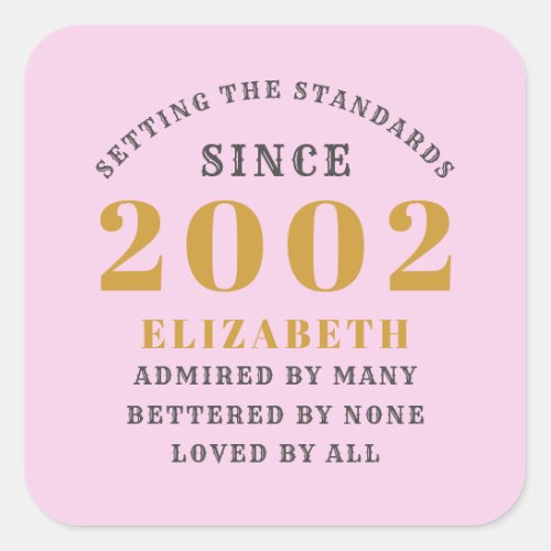 21st Birthday Born 2002 Add Name Pink Gray Square Sticker