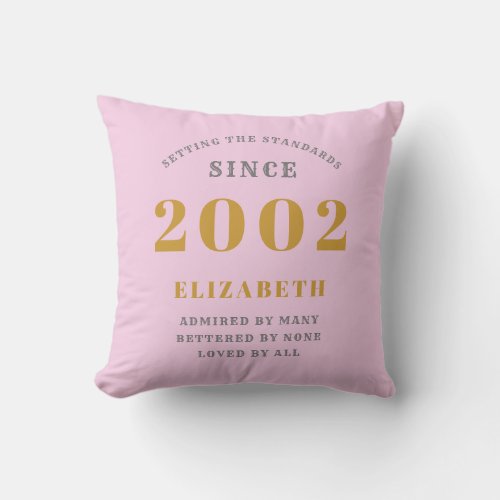 21st Birthday Born 2002 Add Name Pink Gray Throw Pillow
