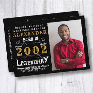 21st Birthday Born 2002 Black Gold Retro Photo Invitation