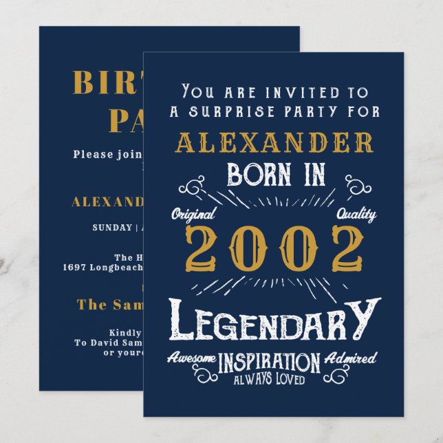 21st Birthday Born 2002 Blue Gold Retro Legend Invitation (Front/Back)