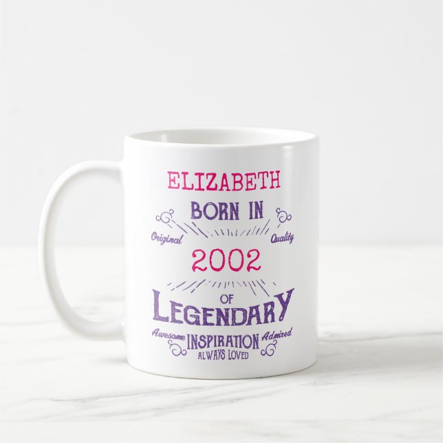 21st Birthday Born 2002 Legend Pink Purple Coffee Mug (Left)