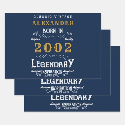 21st Birthday Born 2002 Vintage Blue Gold Legend Wrapping Paper Sheets