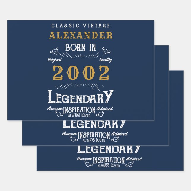 21st Birthday Born 2002 Vintage Blue Gold Legend Wrapping Paper Sheets (Set)