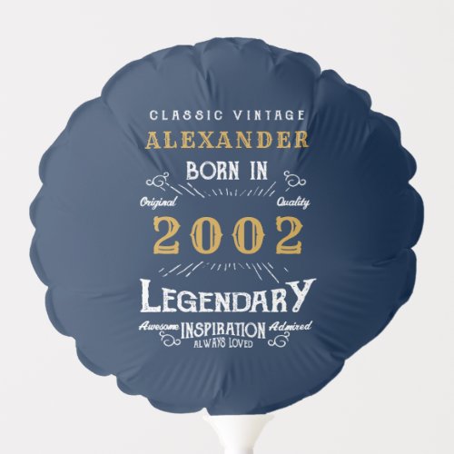 21st Birthday Born 2002 Vintage Legend Blue Gold Balloon