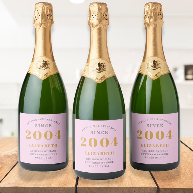 21st Birthday Born 2004 Add Name Pink Grey Sparkling Wine Label (Personalized 21st birthday pink champagne labels on bottles)