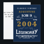 21st Birthday Born 2004 Legend Blue Gold Greeting Card<br><div class="desc">Say Happy Birthday. Add your name,  year and message to this personalized birthday greeting card. A wonderful custom blue birthday card with white and gold vintage style typography. More gifts and party supplies available with the "Legendary" design in the store.</div>