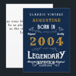 21st Birthday Born 2004 Legend Blue Gold Greeting Card<br><div class="desc">Say Happy Birthday. Add your name,  year and message to this personalized birthday greeting card. A wonderful custom blue birthday card with white and gold vintage style typography. More gifts and party supplies available with the "Legendary" design in the store.</div>