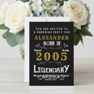 21st Birthday Born 2005 Black Gold Retro Vintage Invitation