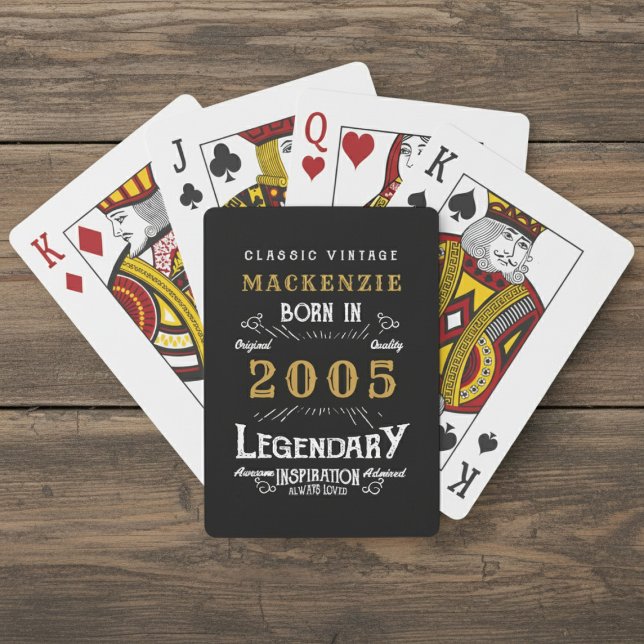 21st Birthday Born 2005 Legend Black Gold Poker Cards (Born 2005 playing cards. Wood background.)