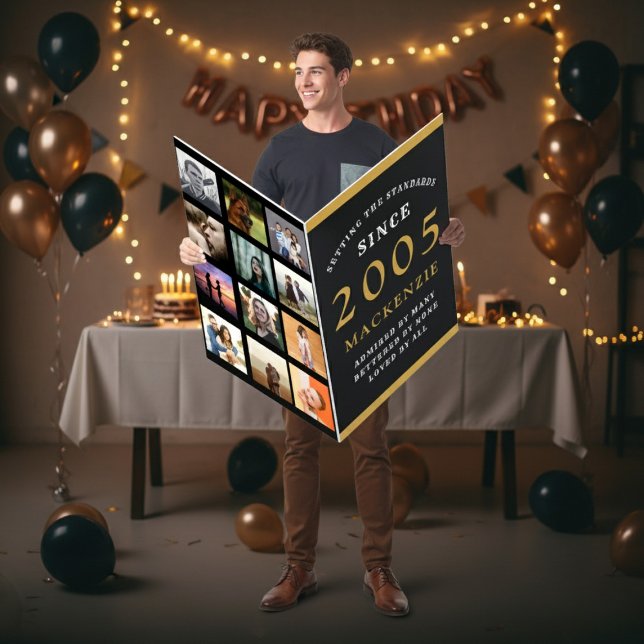 21st Birthday Born 2005 Photo Template Giant Son Card (2005 large birthday card held by a man with a party background.)