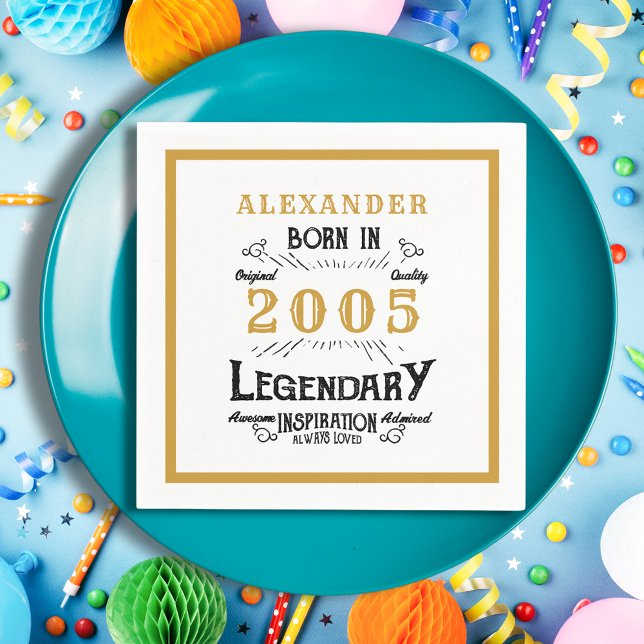 21st Birthday Born 2005 White Gold Legend Napkins (Born 2005 Napkin on a blue plate.)