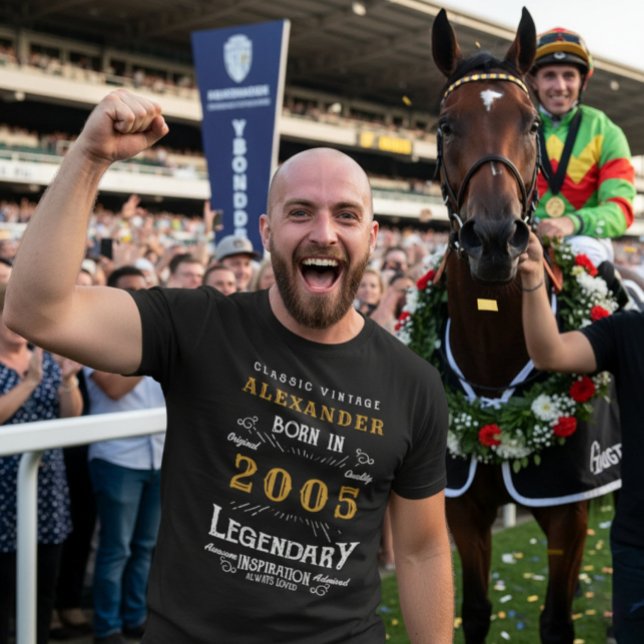 21st Birthday Born in 2005 Legend Personalized T-Shirt (2005 birthday t-shirt worn at the horse races.)