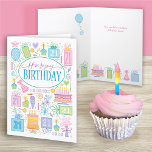 21st birthday Bright Pastel Icons Card<br><div class="desc">A bright pastel feminine card for 21st birthday full of every thing birthday and party related for her. Cakes,  presents,  balloon,  flowers,  and party hats fill the card and also form the bottom border on the inside of the card.</div>