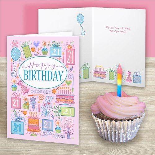 21st Birthday Bright Pastel Icons On Pink Card