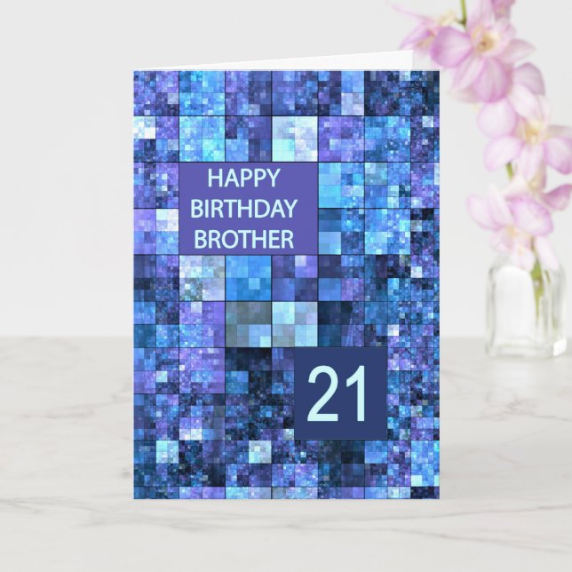 21st Birthday Brother, Blue Squares, Card (Orchid)