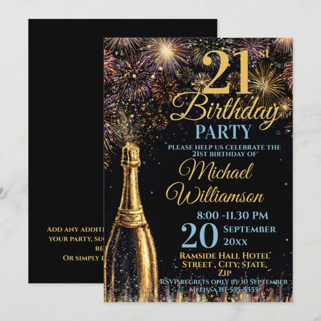 21st Birthday Bubbly Fireworks Gold Blue Invitation (Front/Back)