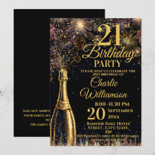 21st Birthday Bubbly Fireworks Gold  Invitation