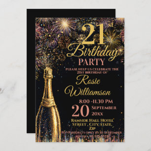 21st Birthday Bubbly Fireworks Gold Pink Invitation