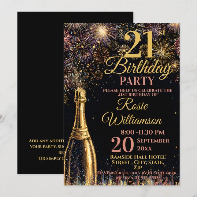 21st Birthday Bubbly Fireworks Gold Pink Invitation (Front/Back)