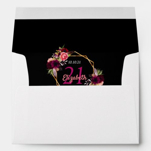 21st birthday burgundy florals geometric gold envelope