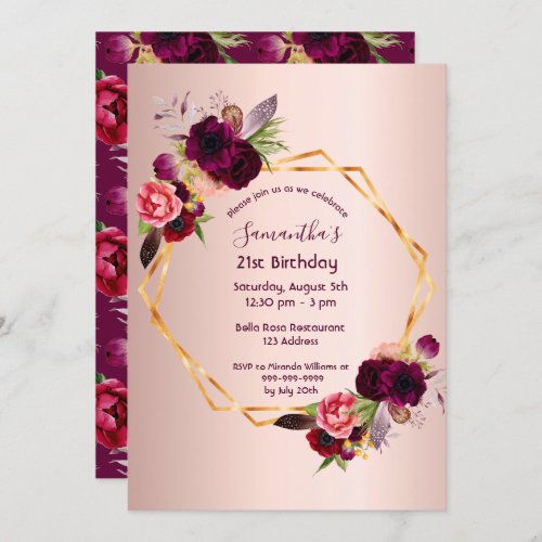 21st birthday burgundy florals rose gold geometric invitation