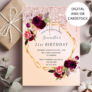 21st birthday burgundy florals rose gold glitter invitation