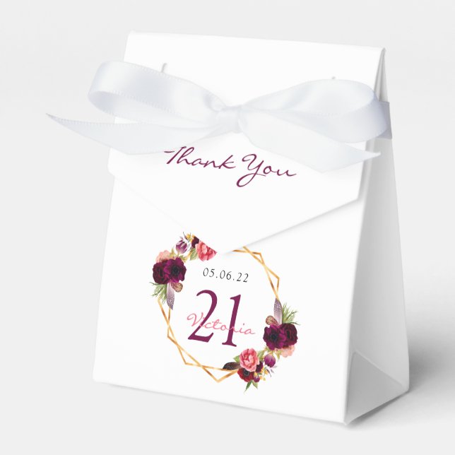 21st Birthday burgundy geometric floral white Favor Boxes (Front Side)